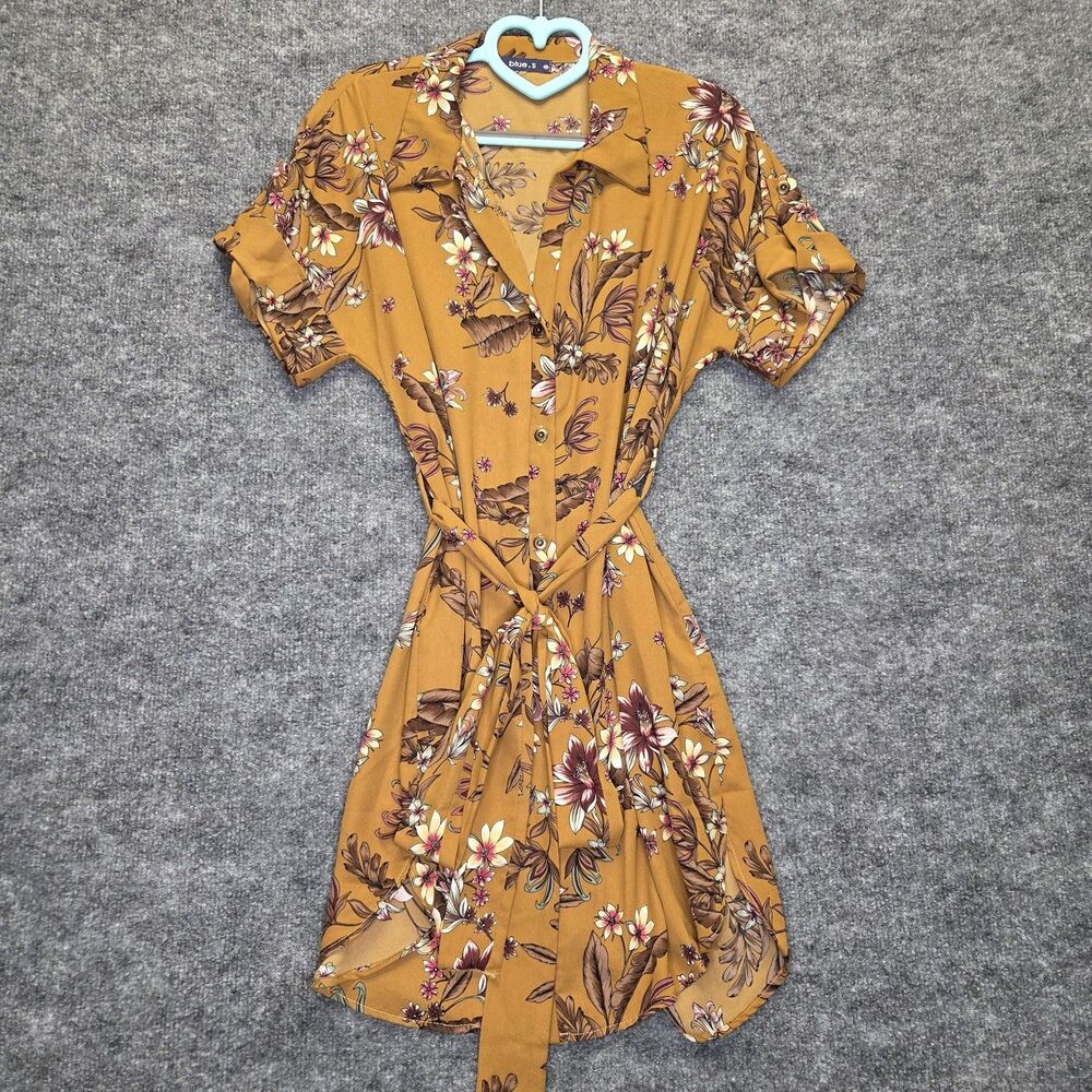 Blue.S Shirt Dress Womens Medium Yellow Floral Button Front Belted Tie Collared